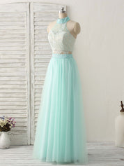 A-Line Illusion Halter Neck Floor-Length Tulle Two-Piece Lace Bodice Prom Dress