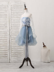 A-line Sweetheart Neck Short Tulle & Lace Homecoming Dress with Ribbon Waist