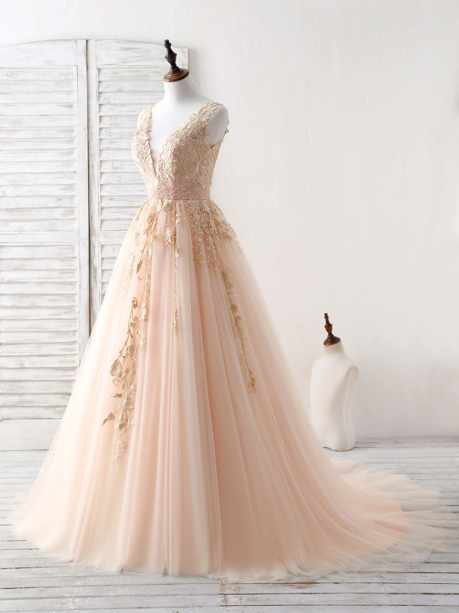 A-Line V-Neck Floor-Length Tulle & Lace Prom Dress with Floral Embroidered Bodice