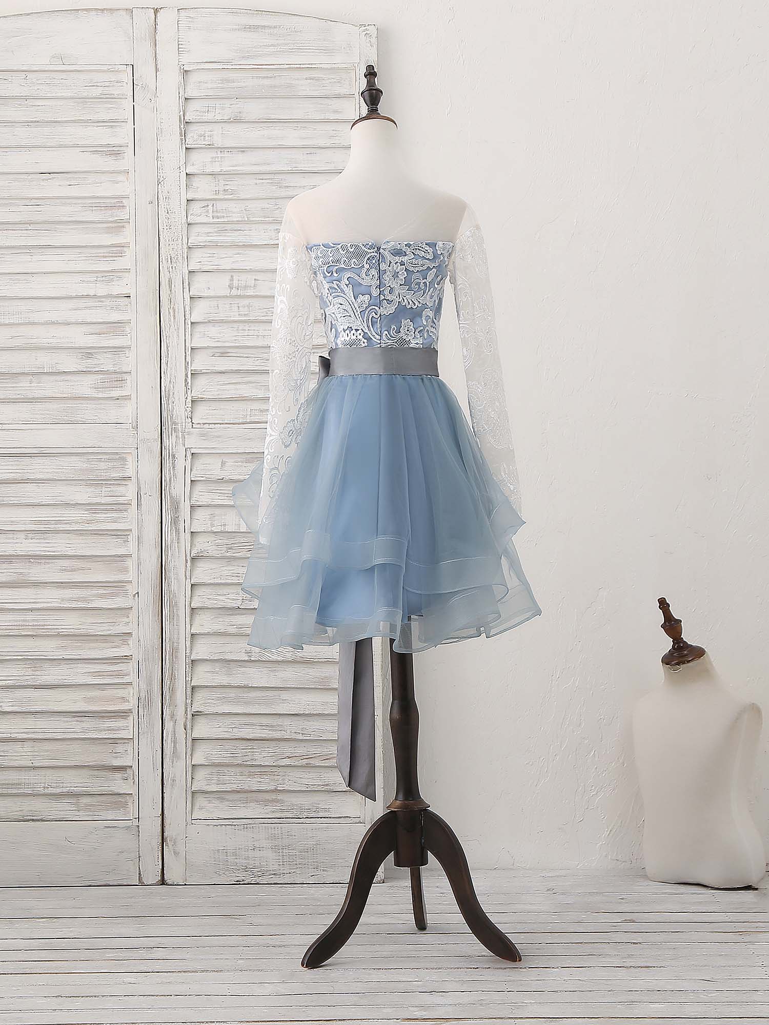 A-line Sweetheart Neck Short Tulle & Lace Homecoming Dress with Ribbon Waist