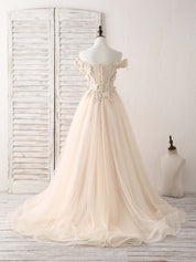 A-line Off-the-Shoulder Floor-Length Tulle Lace Prom Dress with Floral Appliqué Bodice