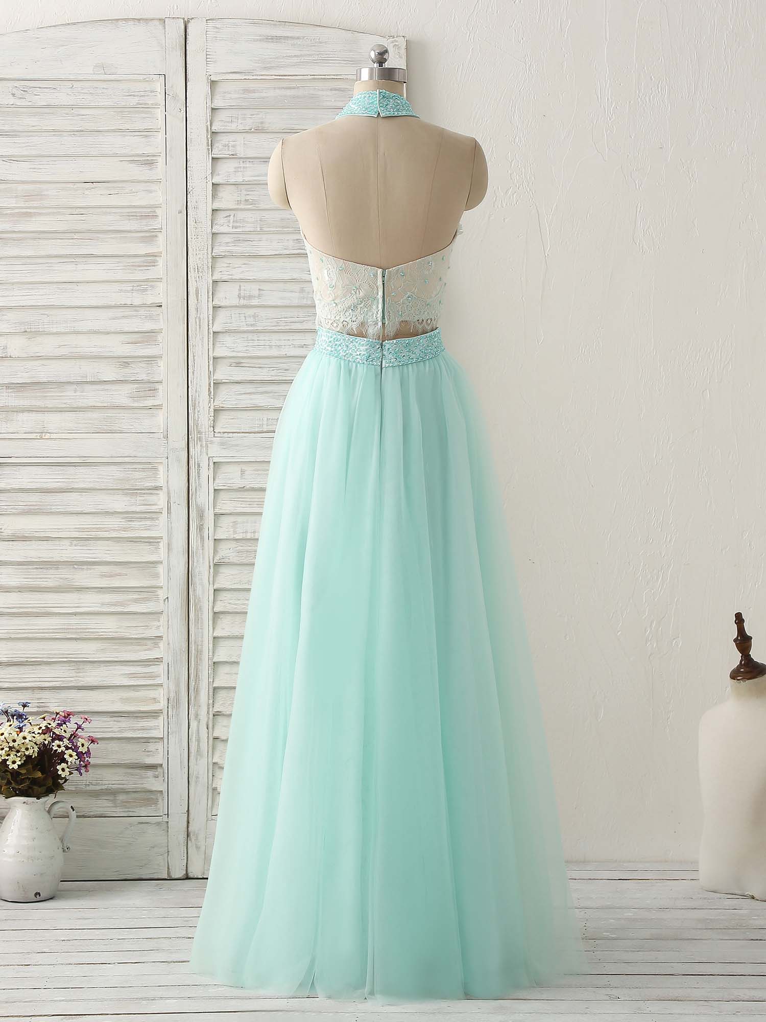 A-Line Illusion Halter Neck Floor-Length Tulle Two-Piece Lace Bodice Prom Dress