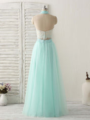 A-Line Illusion Halter Neck Floor-Length Tulle Two-Piece Lace Bodice Prom Dress