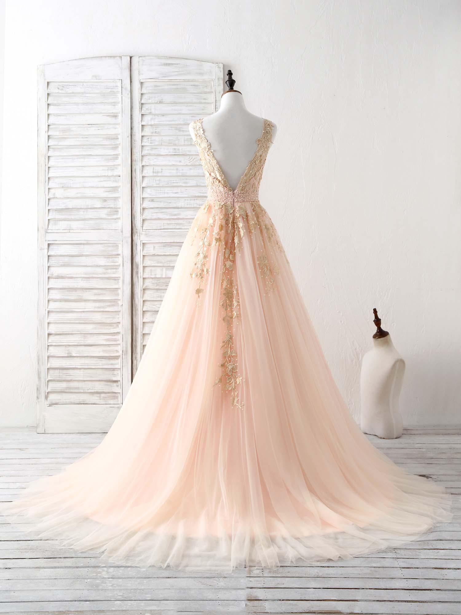 A-Line V-Neck Floor-Length Tulle & Lace Prom Dress with Floral Embroidered Bodice