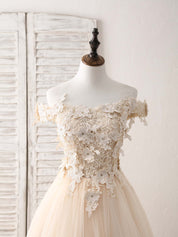 A-line Off-the-Shoulder Floor-Length Tulle Lace Prom Dress with Floral Appliqué Bodice