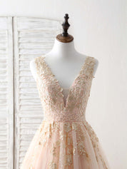 A-Line V-Neck Floor-Length Tulle & Lace Prom Dress with Floral Embroidered Bodice