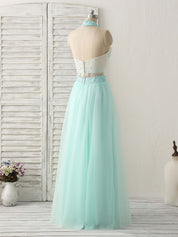 A-Line Illusion Halter Neck Floor-Length Tulle Two-Piece Lace Bodice Prom Dress