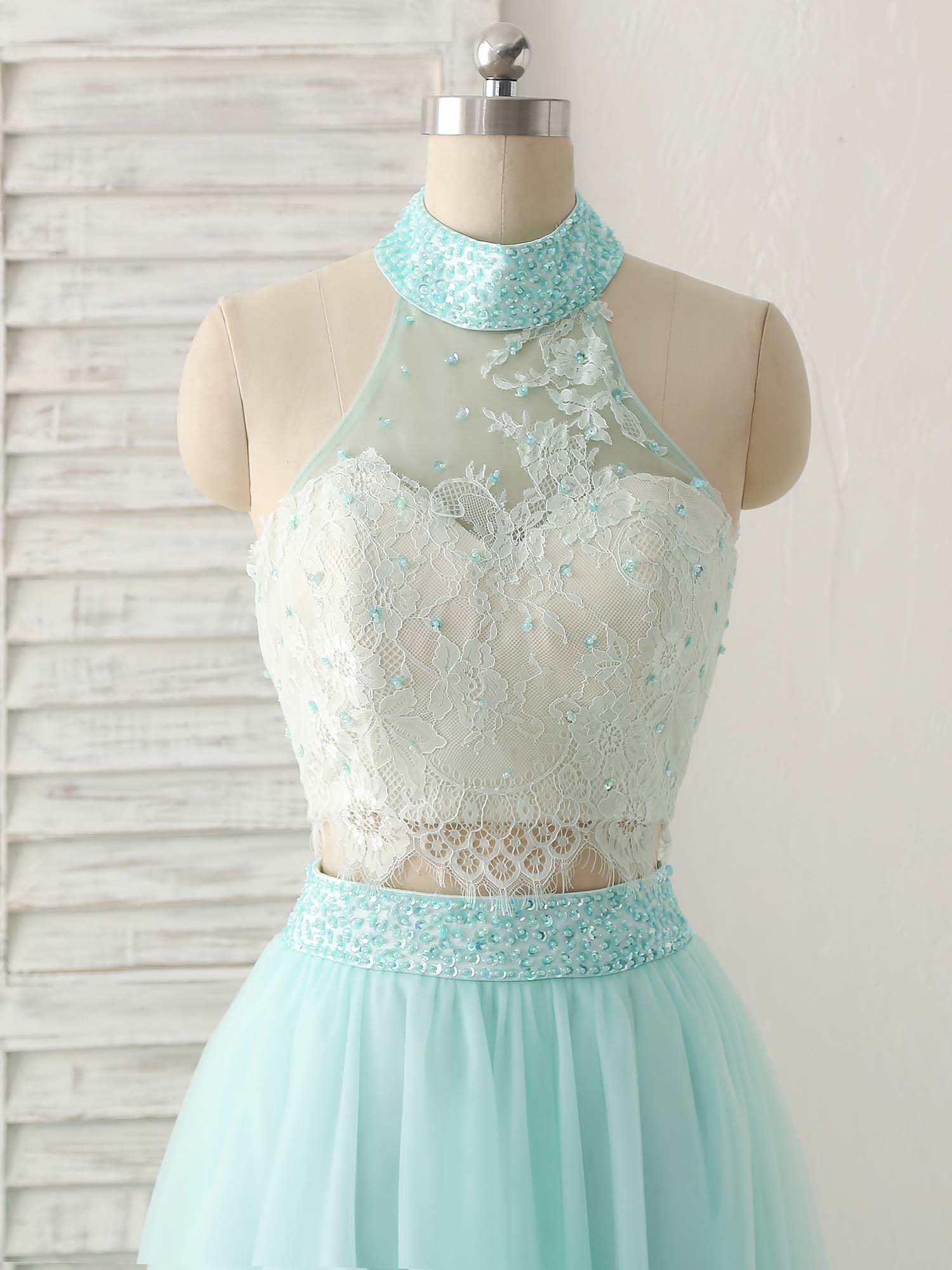 A-Line Illusion Halter Neck Floor-Length Tulle Two-Piece Lace Bodice Prom Dress