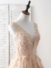 A-Line V-Neck Floor-Length Tulle & Lace Prom Dress with Floral Embroidered Bodice