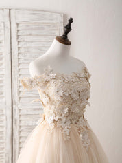 A-line Off-the-Shoulder Floor-Length Tulle Lace Prom Dress with Floral Appliqué Bodice