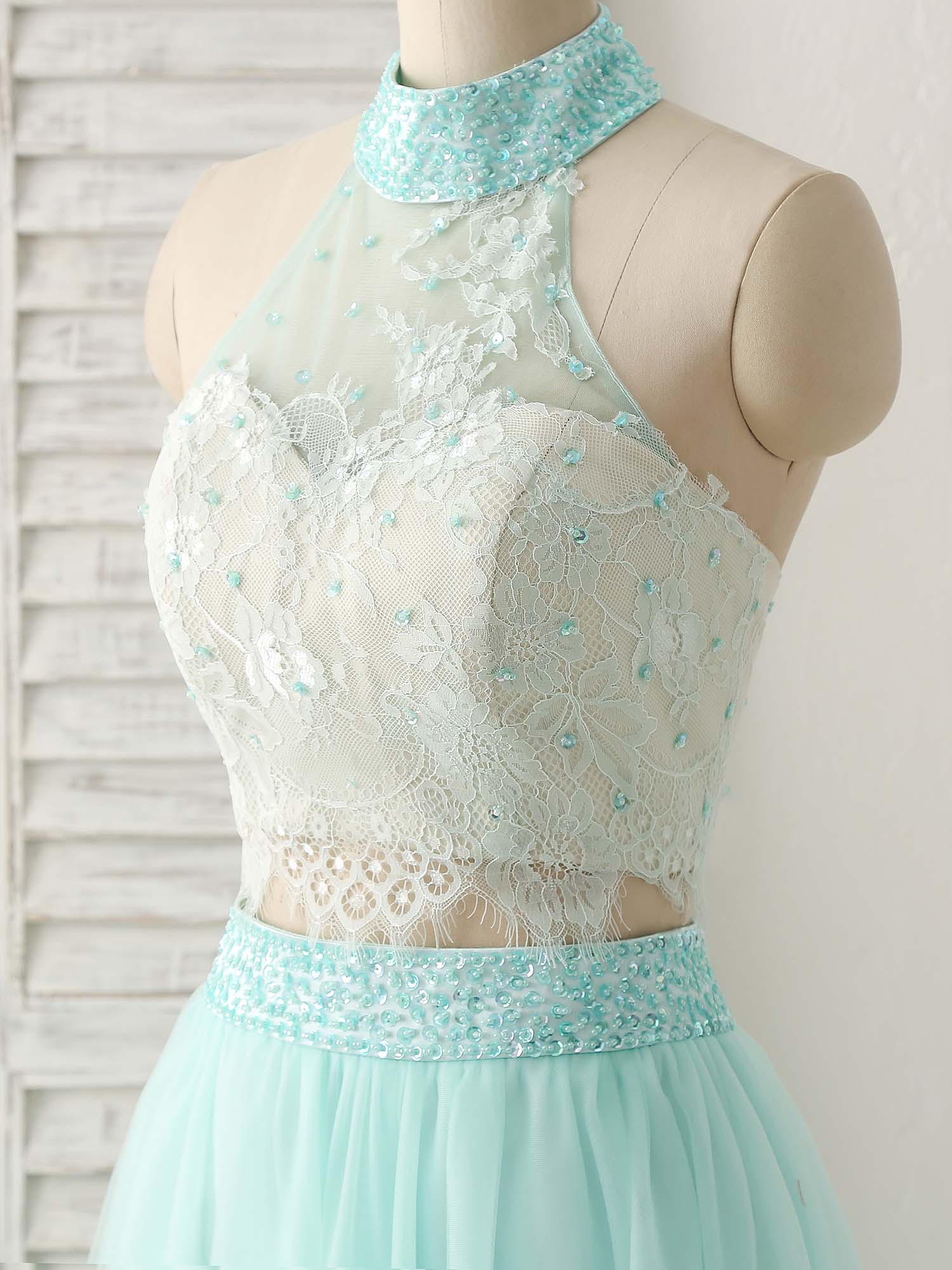 A-Line Illusion Halter Neck Floor-Length Tulle Two-Piece Lace Bodice Prom Dress