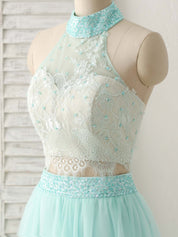 A-Line Illusion Halter Neck Floor-Length Tulle Two-Piece Lace Bodice Prom Dress