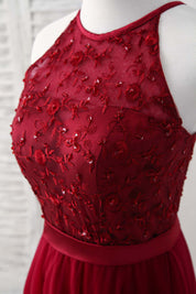 A-line Halter Neck Floor-Length Tulle Lace Prom Dress with Beaded Bodice