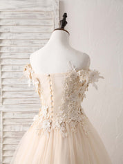 A-line Off-the-Shoulder Floor-Length Tulle Lace Prom Dress with Floral Appliqué Bodice