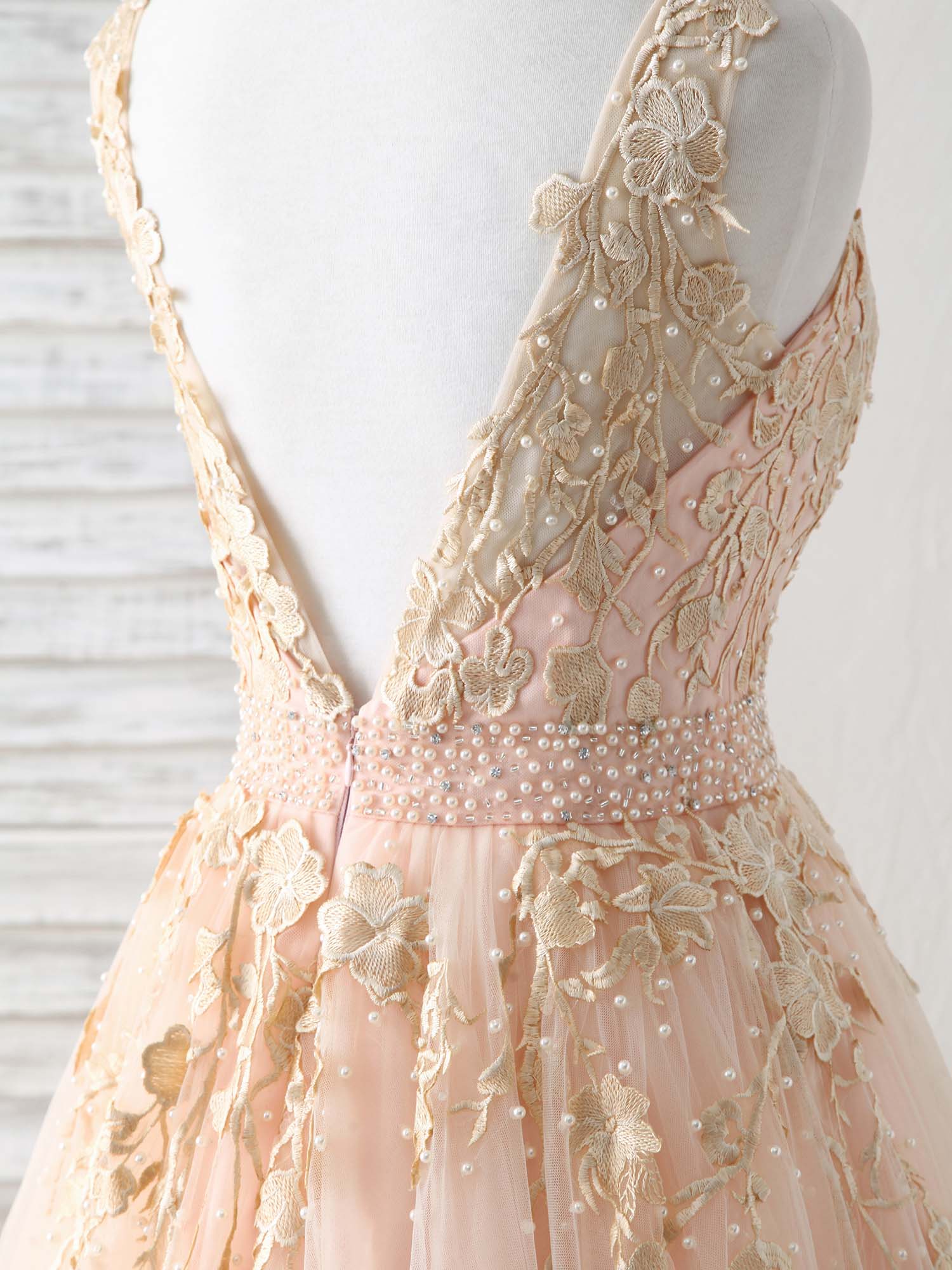 A-Line V-Neck Floor-Length Tulle & Lace Prom Dress with Floral Embroidered Bodice