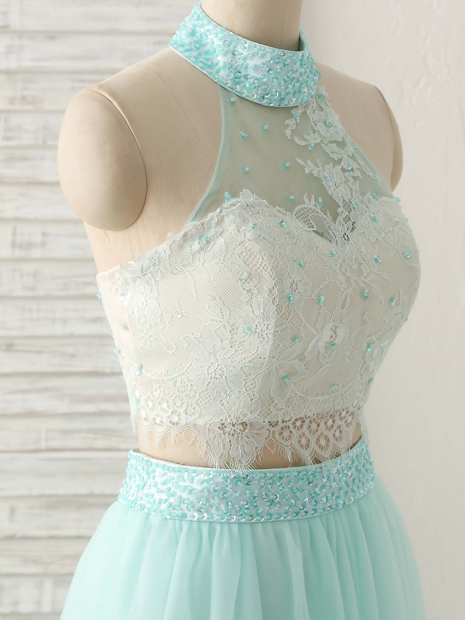 A-Line Illusion Halter Neck Floor-Length Tulle Two-Piece Lace Bodice Prom Dress