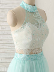 A-Line Illusion Halter Neck Floor-Length Tulle Two-Piece Lace Bodice Prom Dress