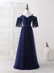 A-line Cold-Shoulder Sweetheart Floor-Length Tulle Lace Prom Dress with Puff Sleeves