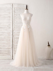 A-line Illusion Neck Floor-Length Tulle Lace Prom Dress with 3D Floral Appliqué