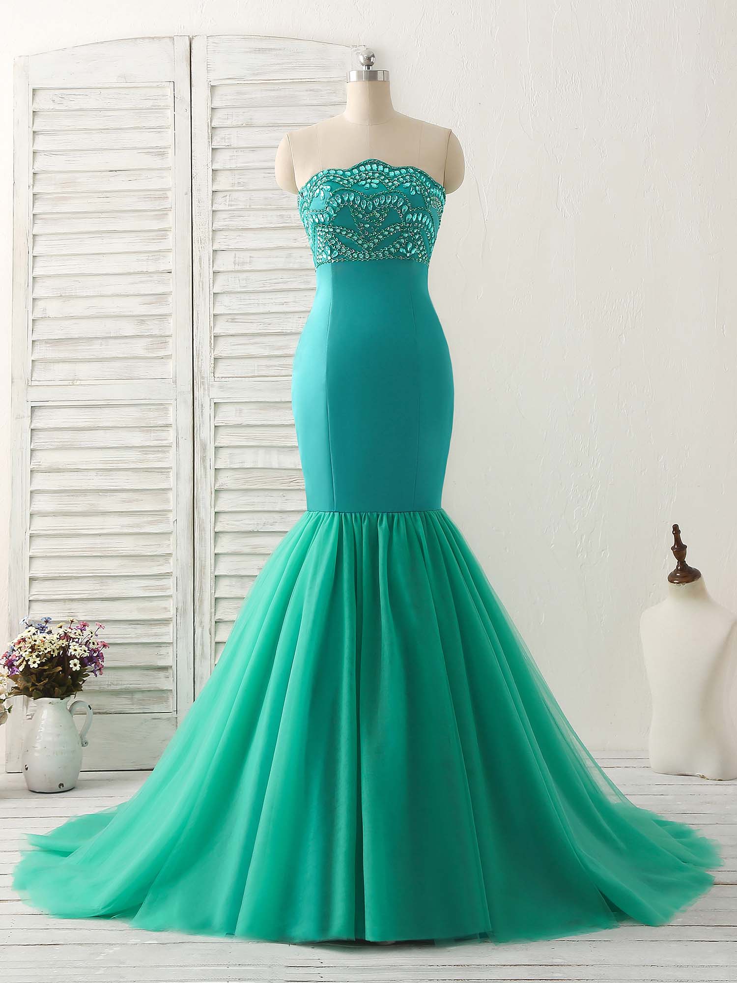 Mermaid Strapless Floor-Length Satin & Tulle Dress with Beaded Bodice Prom Dress