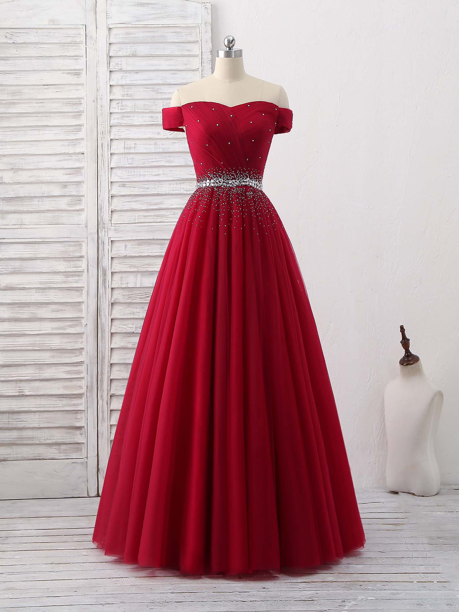 Off-the-Shoulder Beaded A-Line Floor-Length Tulle Prom Dress