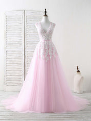 A-line V-Neck Floor-Length Tulle Lace Prom Dress with Embroidered Appliqué Bodice