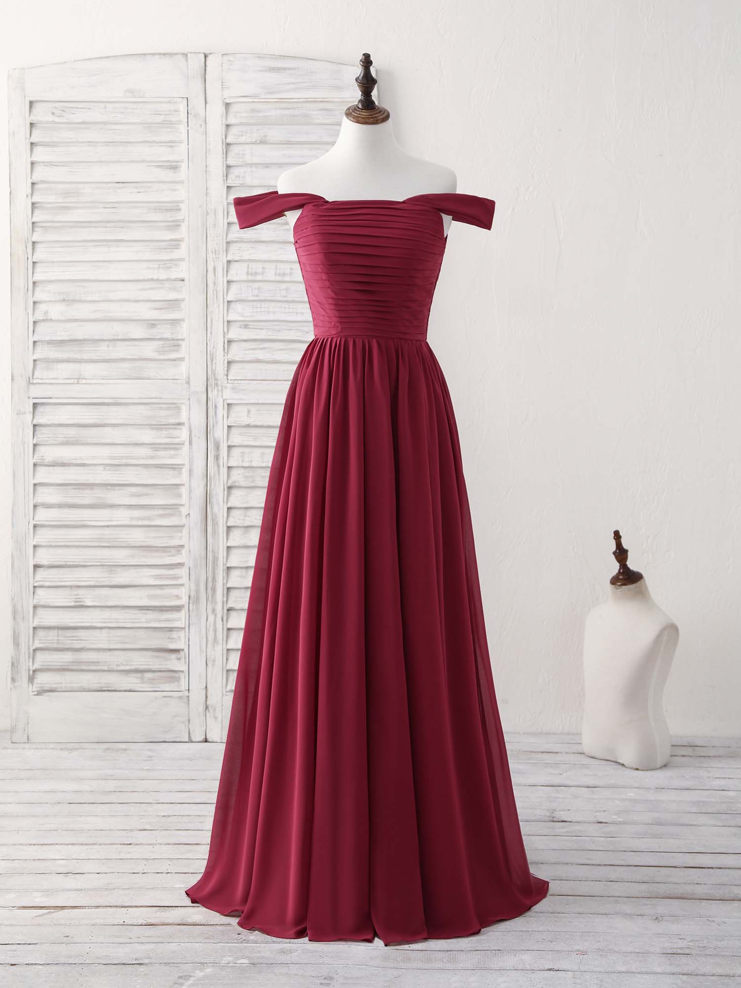 A-line Off-the-Shoulder Floor-Length Chiffon Prom Dress with Pleated Bodice