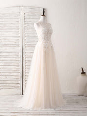 A-line Illusion Neck Floor-Length Tulle Lace Prom Dress with 3D Floral Appliqué