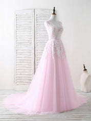 A-line V-Neck Floor-Length Tulle Lace Prom Dress with Embroidered Appliqué Bodice