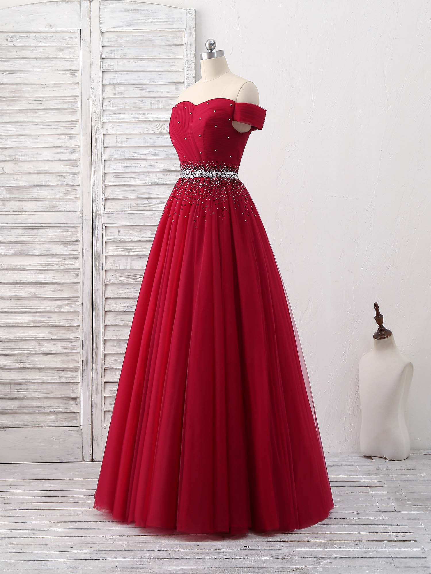 Off-the-Shoulder Beaded A-Line Floor-Length Tulle Prom Dress