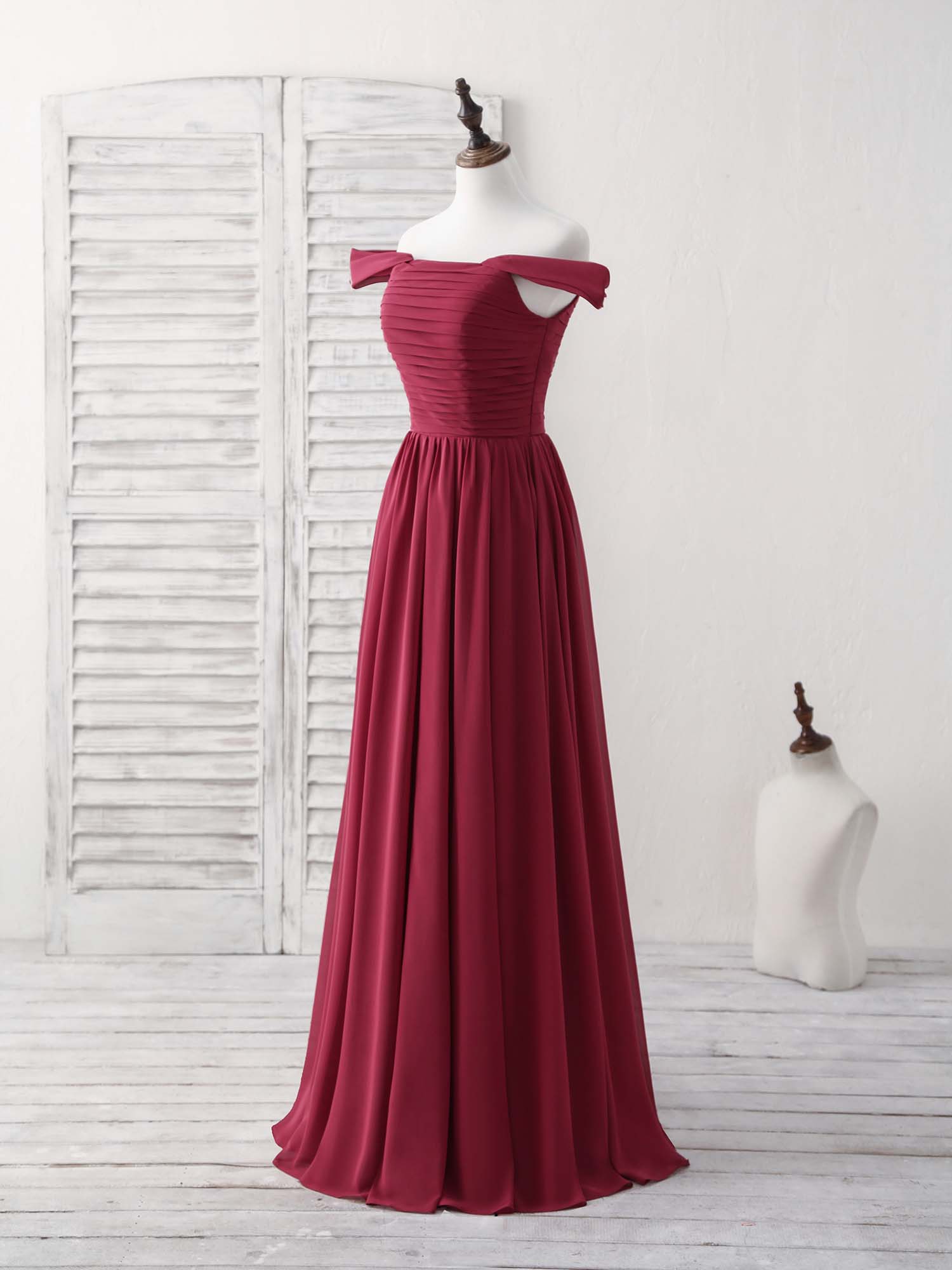 A-line Off-the-Shoulder Floor-Length Chiffon Prom Dress with Pleated Bodice