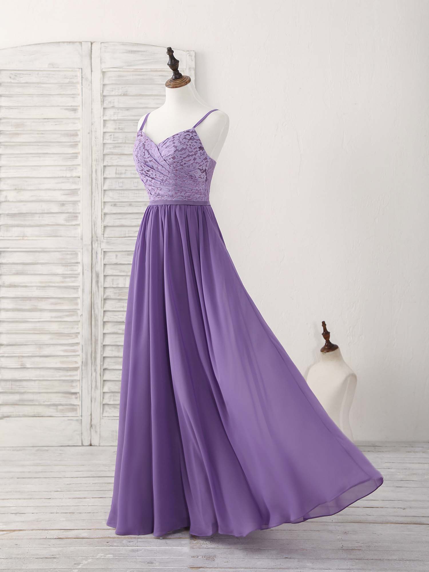 A-line Spaghetti Straps Floor-Length Chiffon & Lace Prom Dress with Ruched Lace Bodice