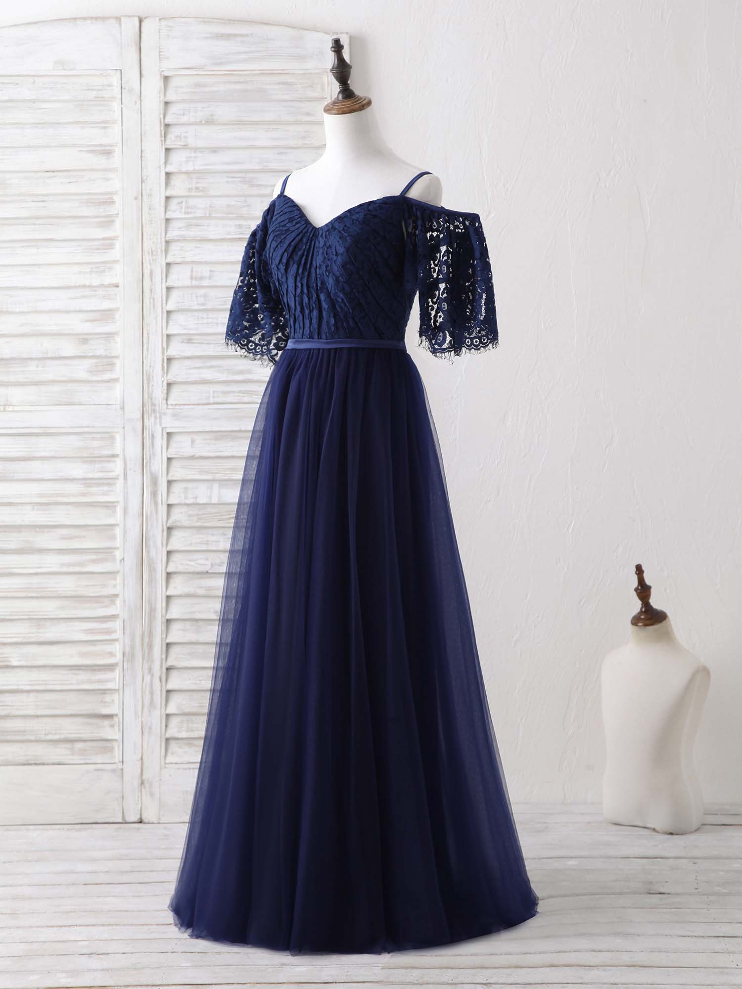 A-line Cold-Shoulder Sweetheart Floor-Length Tulle Lace Prom Dress with Puff Sleeves