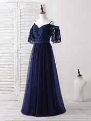 A-line Cold-Shoulder Sweetheart Floor-Length Tulle Lace Prom Dress with Puff Sleeves