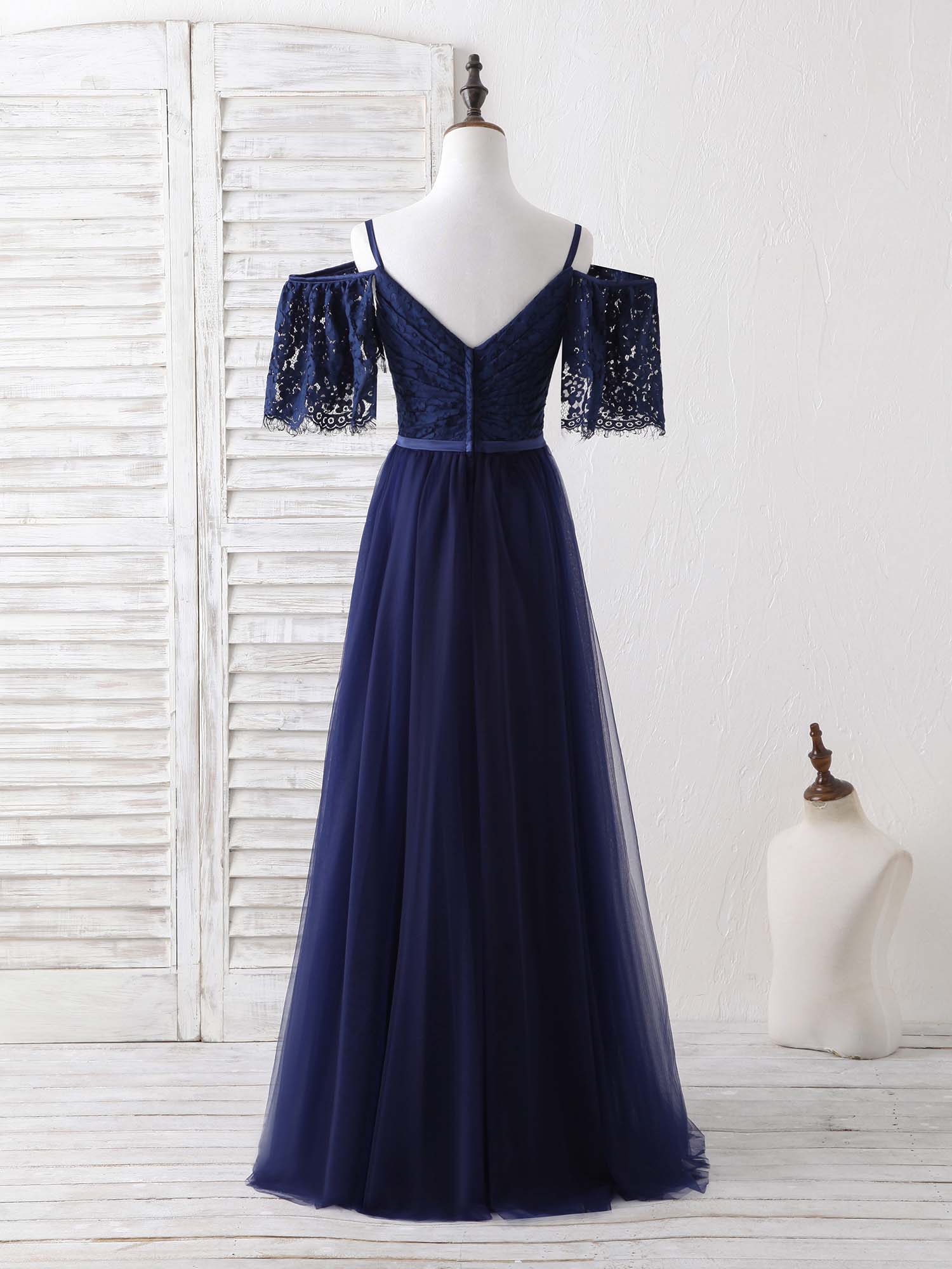 A-line Cold-Shoulder Sweetheart Floor-Length Tulle Lace Prom Dress with Puff Sleeves