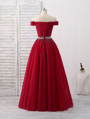 Off-the-Shoulder Beaded A-Line Floor-Length Tulle Prom Dress