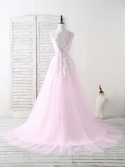 A-line V-Neck Floor-Length Tulle Lace Prom Dress with Embroidered Appliqué Bodice
