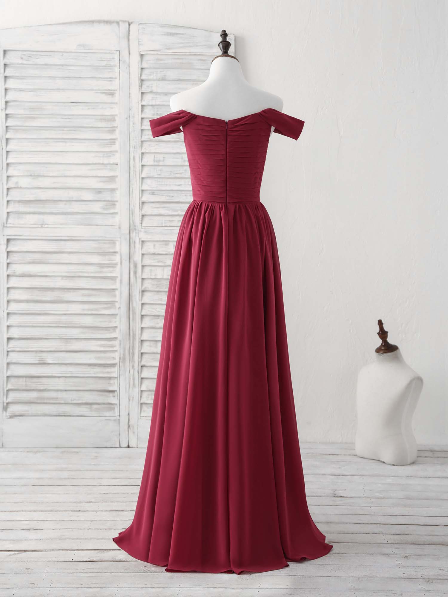 A-line Off-the-Shoulder Floor-Length Chiffon Prom Dress with Pleated Bodice