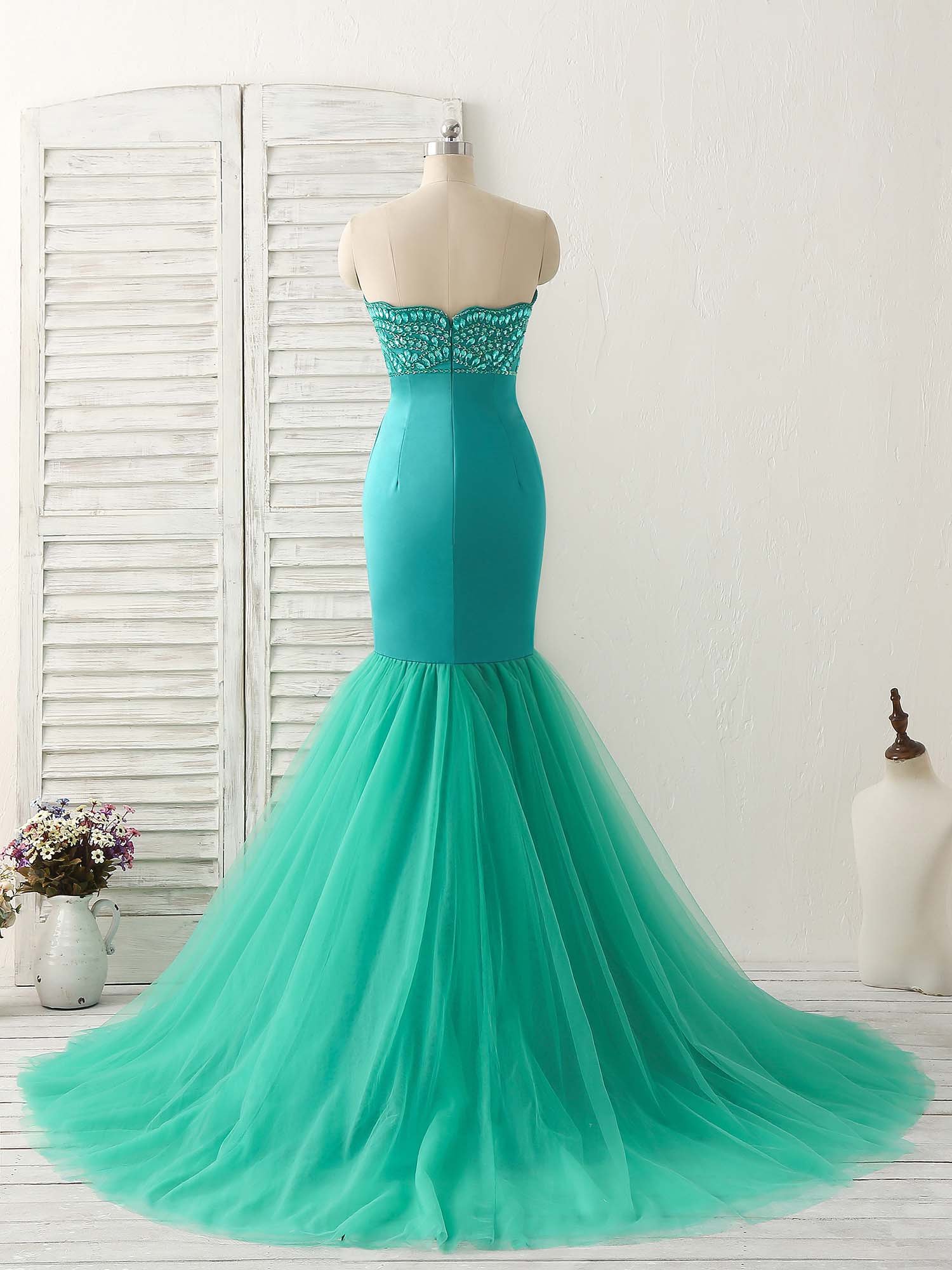Mermaid Strapless Floor-Length Satin & Tulle Dress with Beaded Bodice Prom Dress