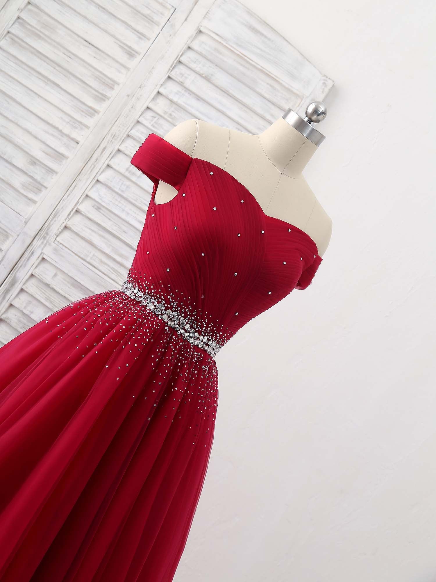 Off-the-Shoulder Beaded A-Line Floor-Length Tulle Prom Dress