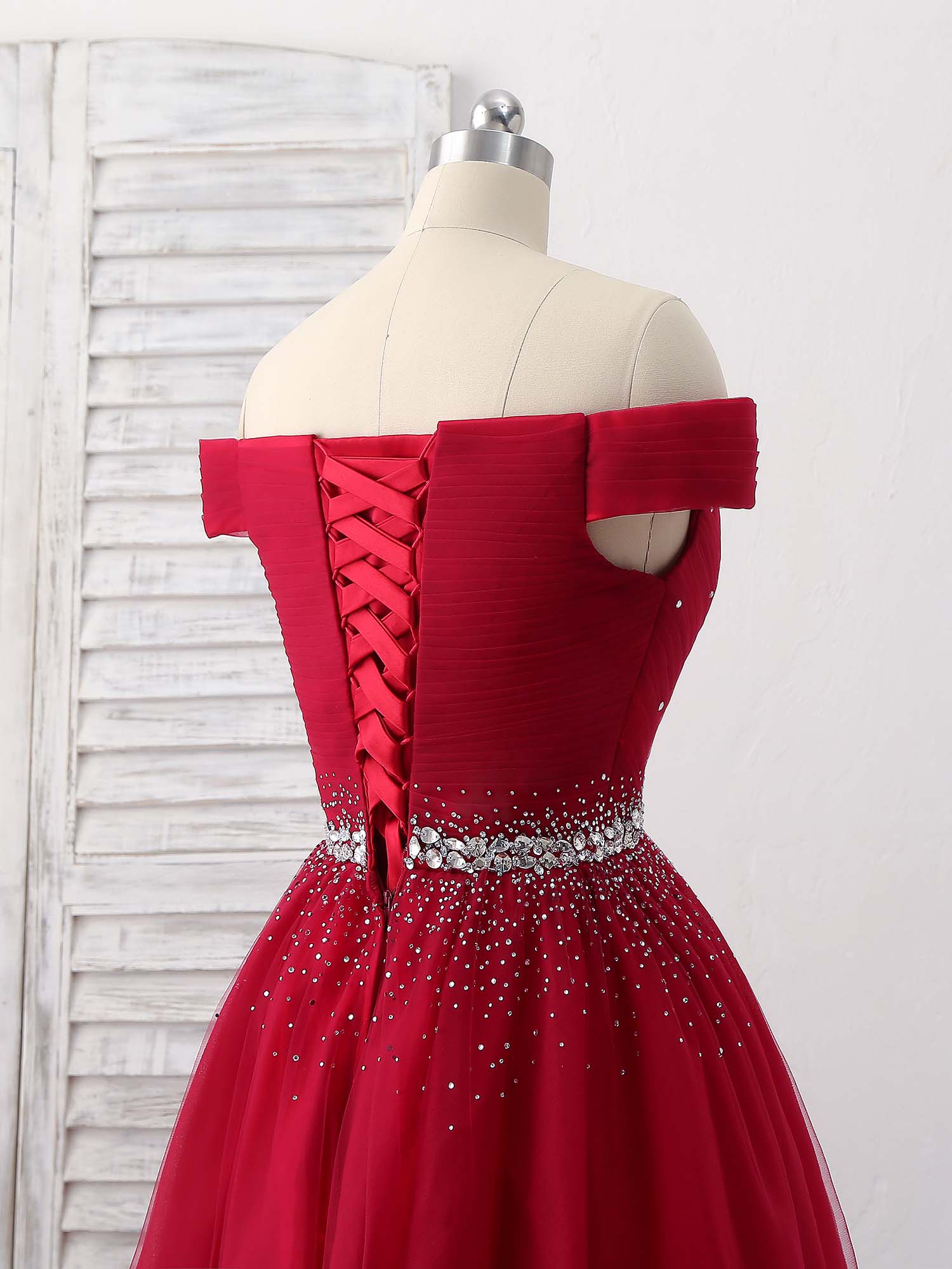 Off-the-Shoulder Beaded A-Line Floor-Length Tulle Prom Dress