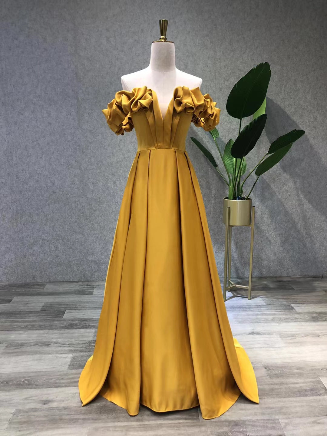 A-Line Off-the-Shoulder Floor-Length Mustard Satin Ruffled Sleeve Prom Dress