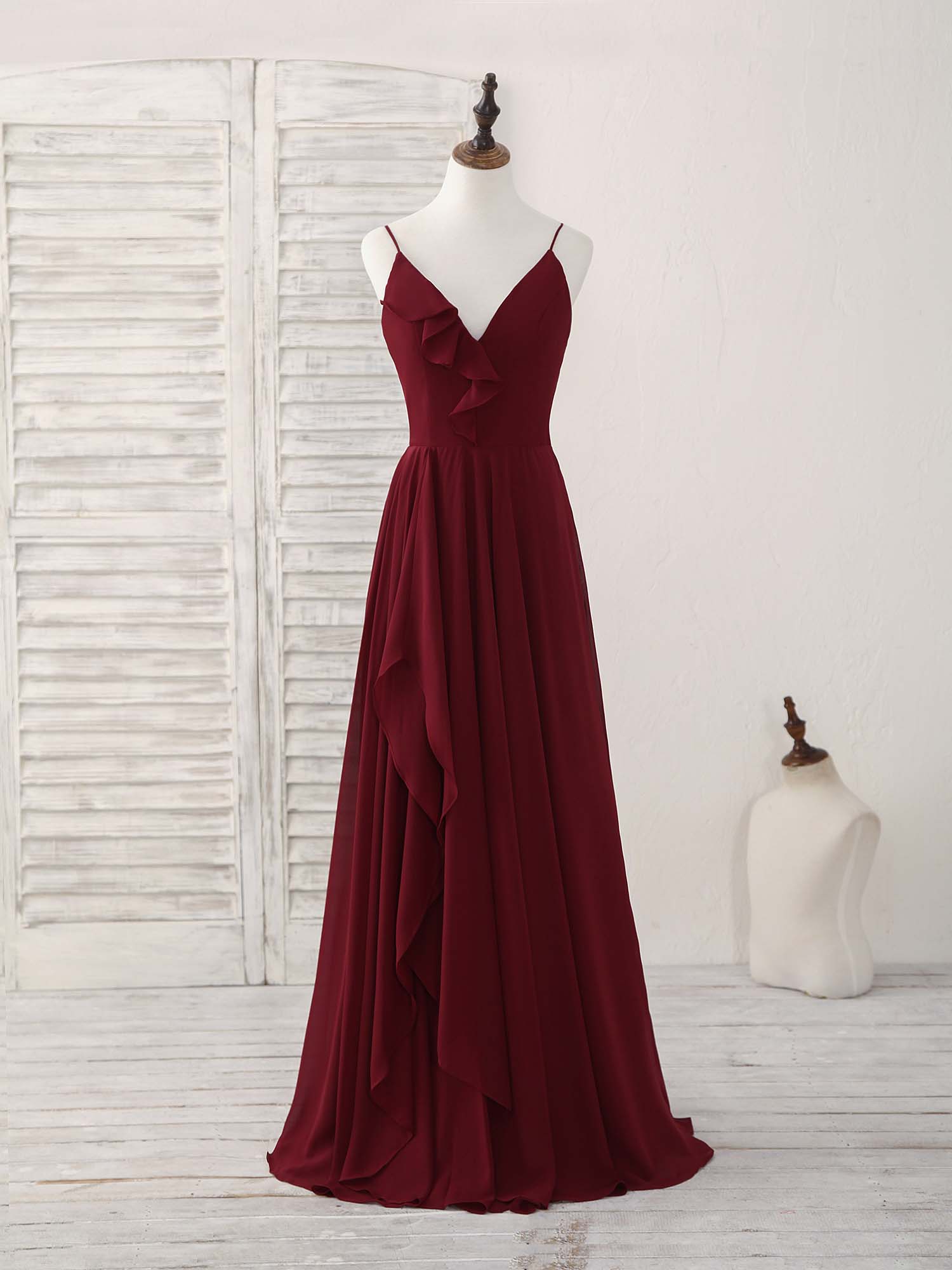 A-line V Neck Floor-Length Chiffon Prom Dress with Cascading Ruffle Detail