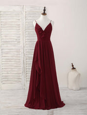 A-line V Neck Floor-Length Chiffon Prom Dress with Cascading Ruffle Detail