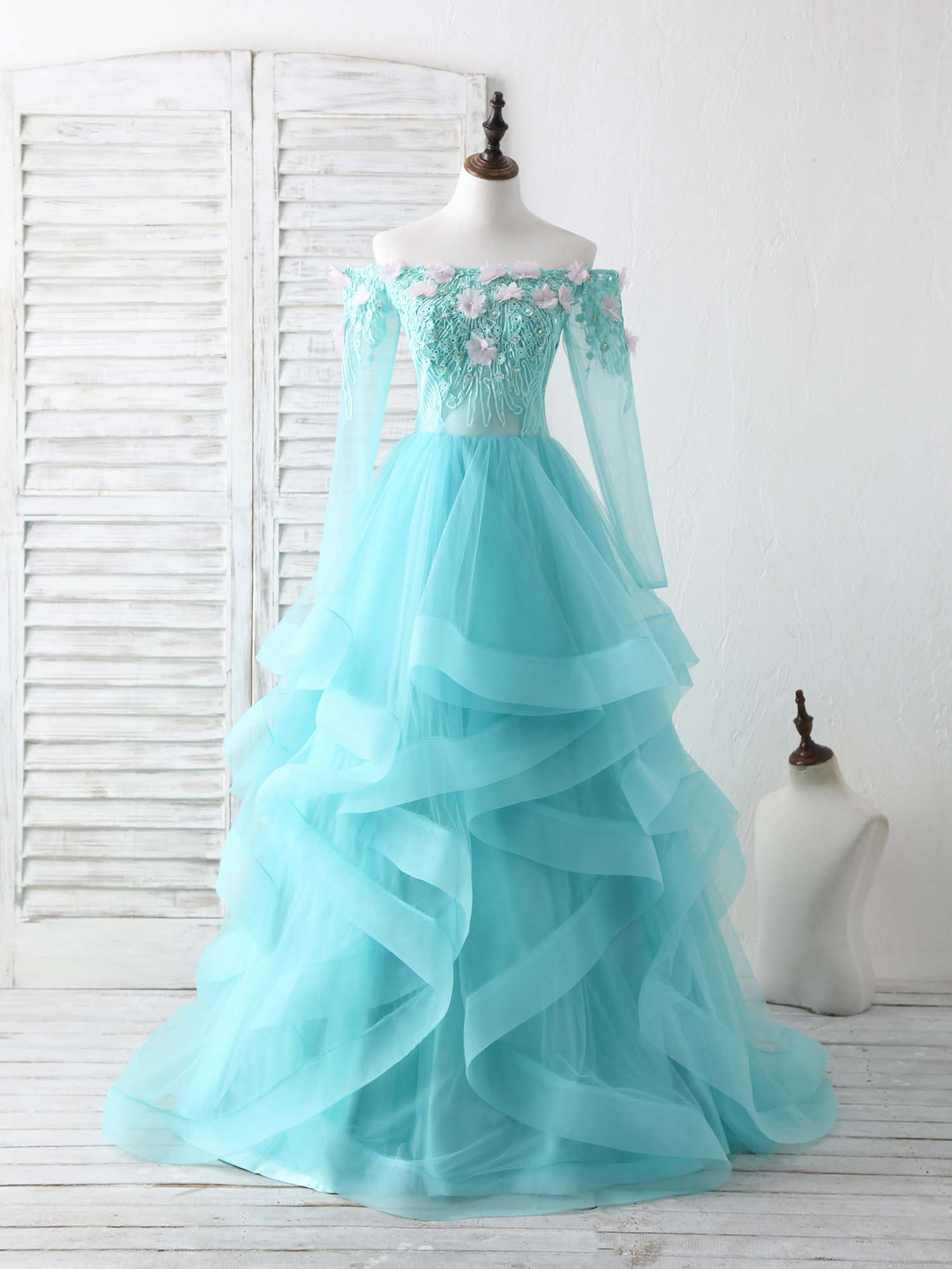 A-Line Off-the-Shoulder Floor-Length Tulle & Lace Prom Dress with Tiered Ruffle Skirt