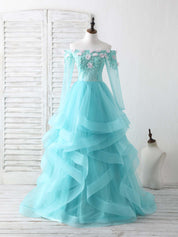A-Line Off-the-Shoulder Floor-Length Tulle & Lace Prom Dress with Tiered Ruffle Skirt
