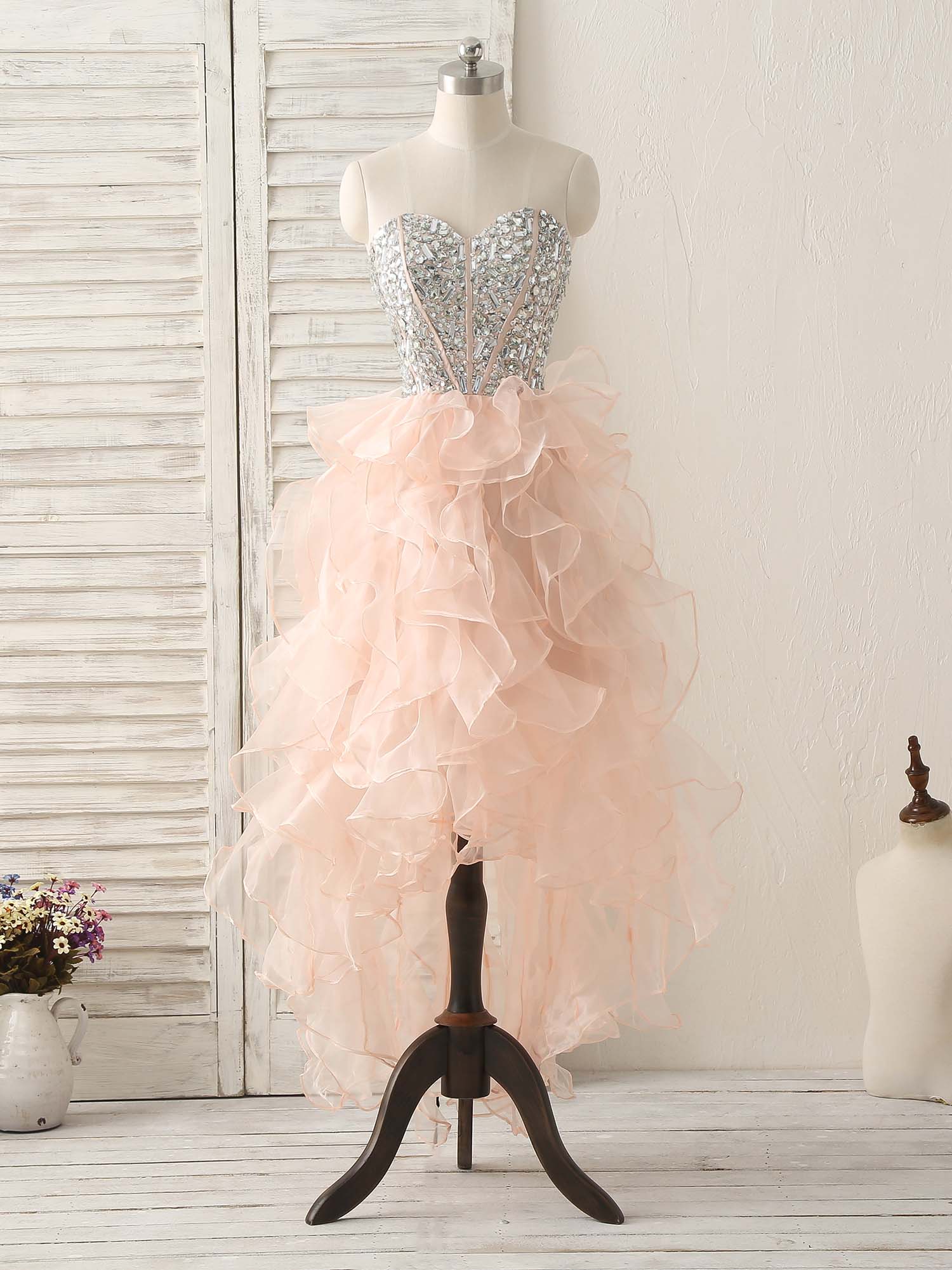 A-Line Sweetheart Neck High-Low Organza Dress with Beaded Bodice and Tiered Ruffles Homecoming Dress