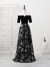 A-Line Off-the-Shoulder Floor-Length Satin Prom Dress with Jacquard Bird Pattern
