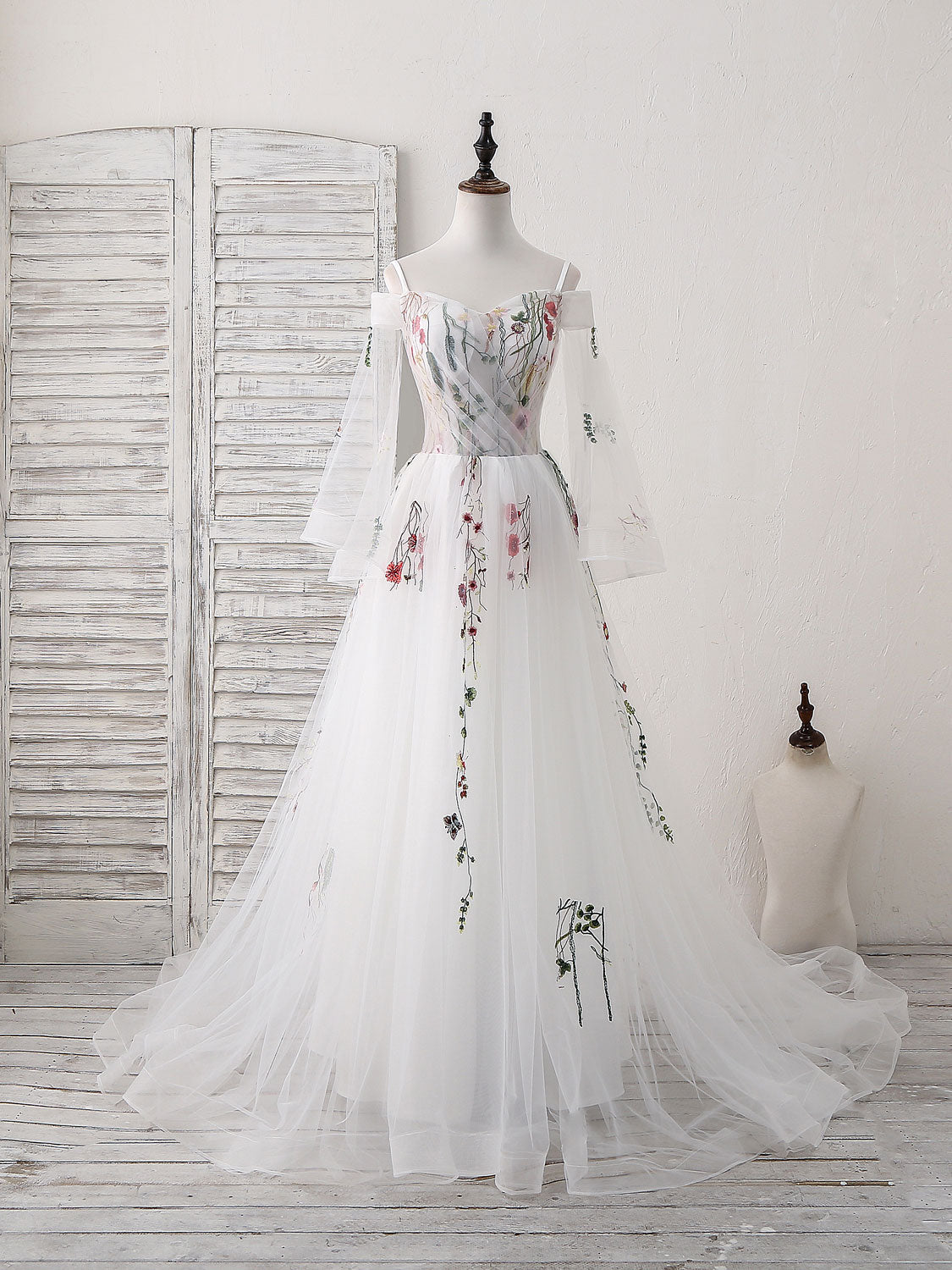 Off-the-Shoulder A-line Floor-Length White Prom Dress with Floral Embroidery and Sleeves