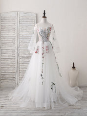 Off-the-Shoulder A-line Floor-Length White Prom Dress with Floral Embroidery and Sleeves